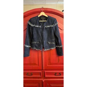 Banana Republic Size 6 Petite Navy Blue Fringe Trim Boho Jacket Button Zip EUC
